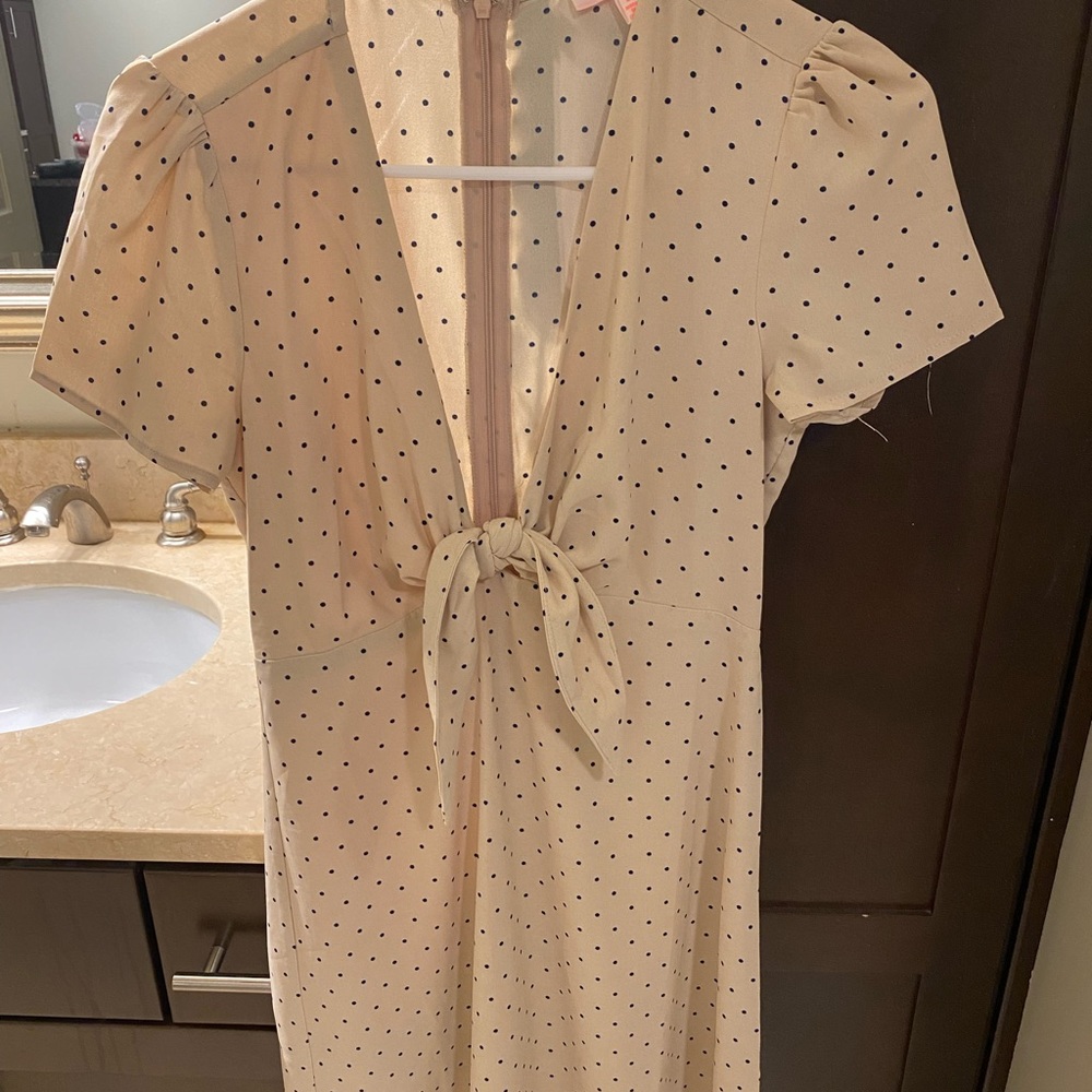 Beige and black polka dot dress - deep v tie at chest
